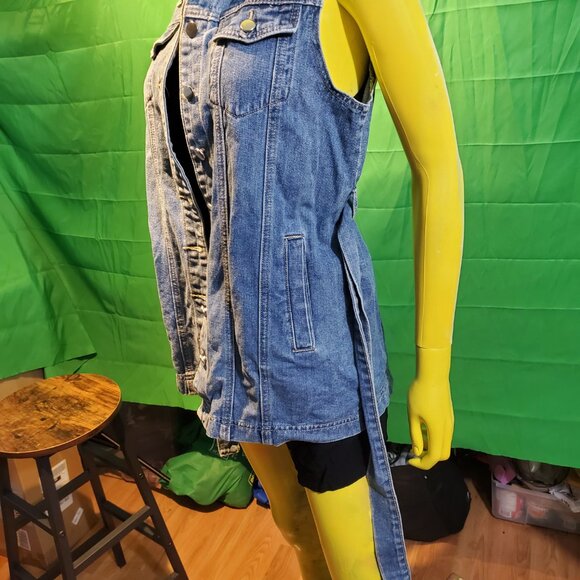 Women Denim Jeans Jacket Coat sleeveless trench size M blue 90's - Picture 10 of 11